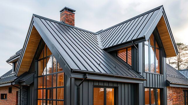Farmhouse with dark gray standing seam metal roof